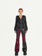 Nico Molly Black Red Plaid Patchwork Low Waist Zipper Slim Women's Leather Pants