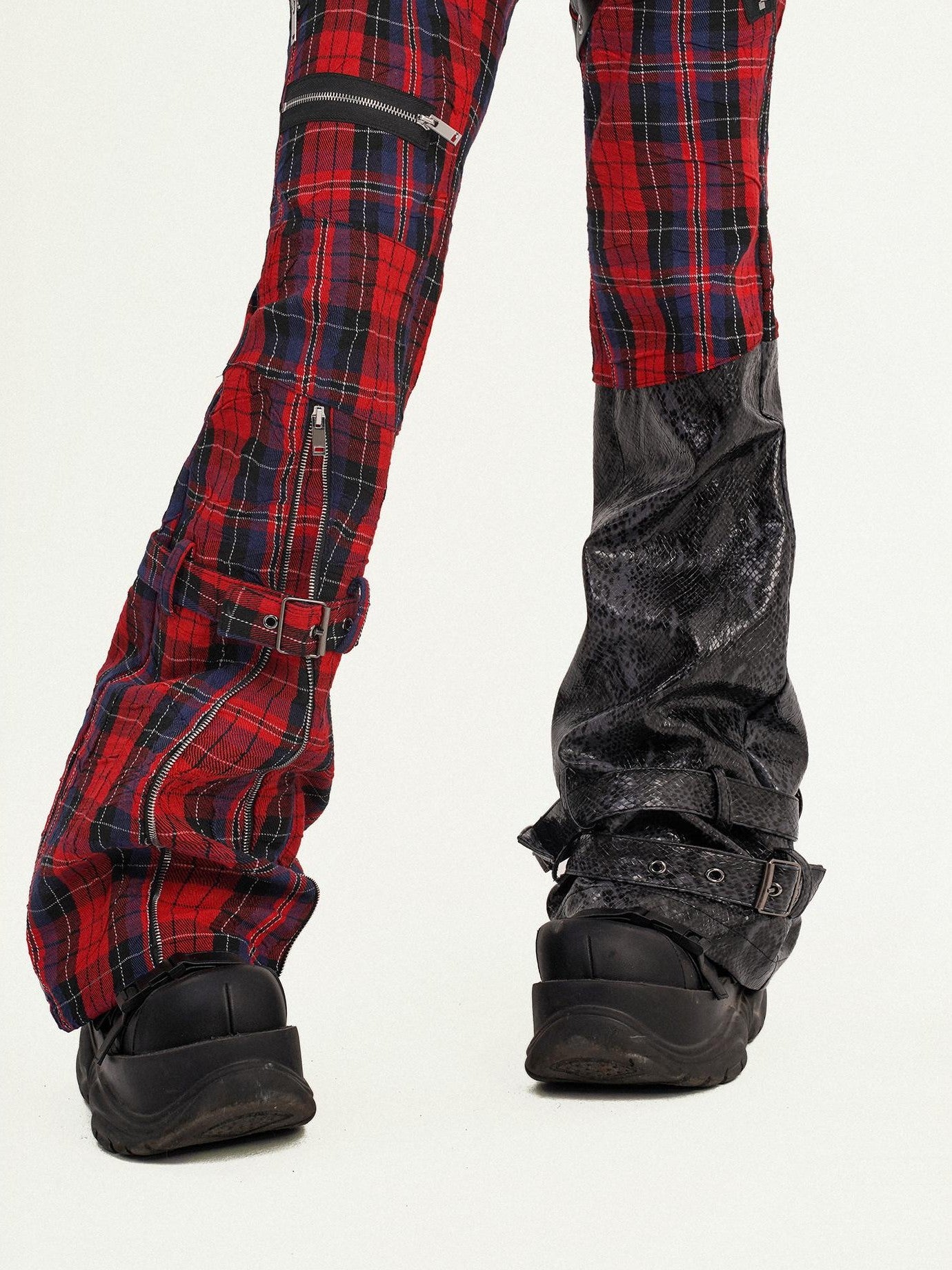 Nico Molly Black Red Plaid Patchwork Low Waist Zipper Slim Women's Leather Pants