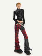 Nico Molly Black Red Plaid Patchwork Low Waist Zipper Slim Women's Leather Pants