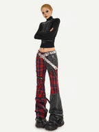 Nico Molly Black Red Plaid Patchwork Low Waist Zipper Slim Women's Leather Pants