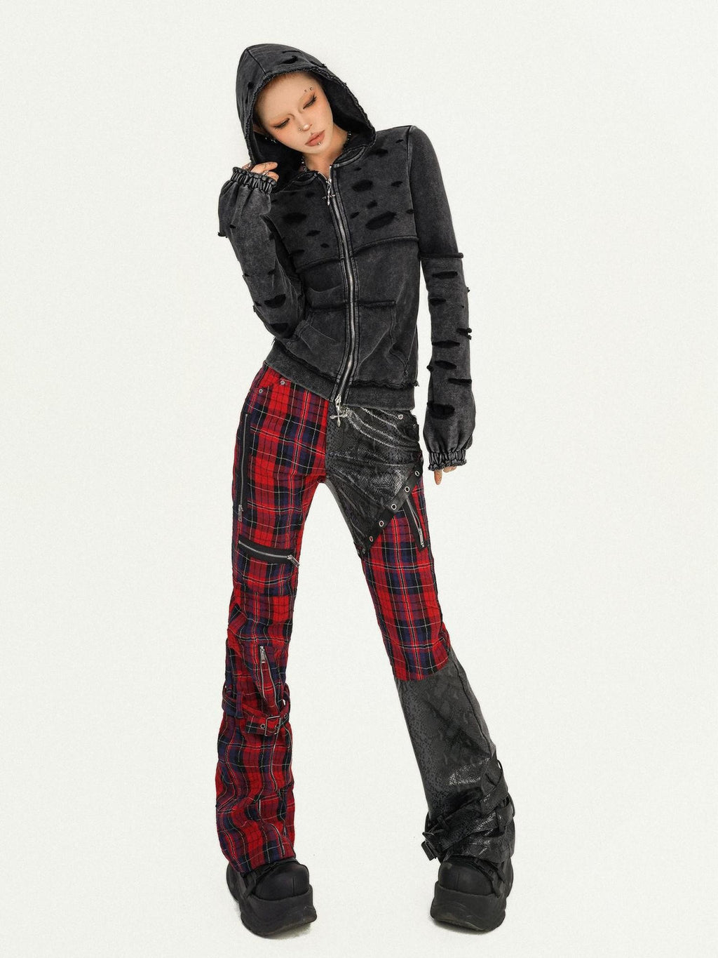 Nico Molly Black Red Plaid Patchwork Low Waist Zipper Slim Women's Leather Pants