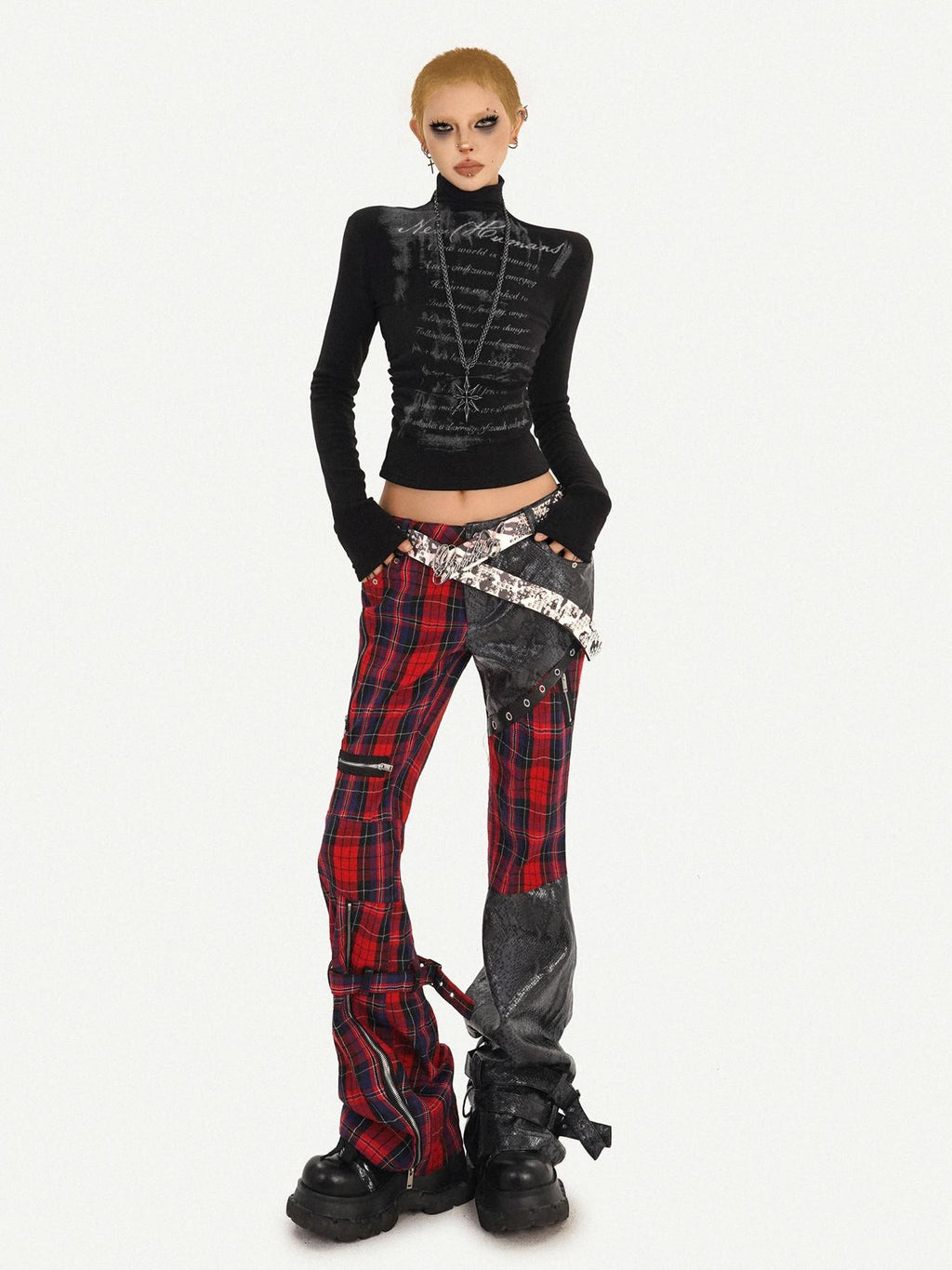 Nico Molly Black Red Plaid Patchwork Low Waist Zipper Slim Women's Leather Pants