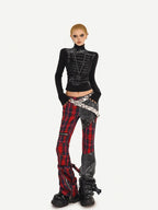 Nico Molly Black Red Plaid Patchwork Low Waist Zipper Slim Women's Leather Pants