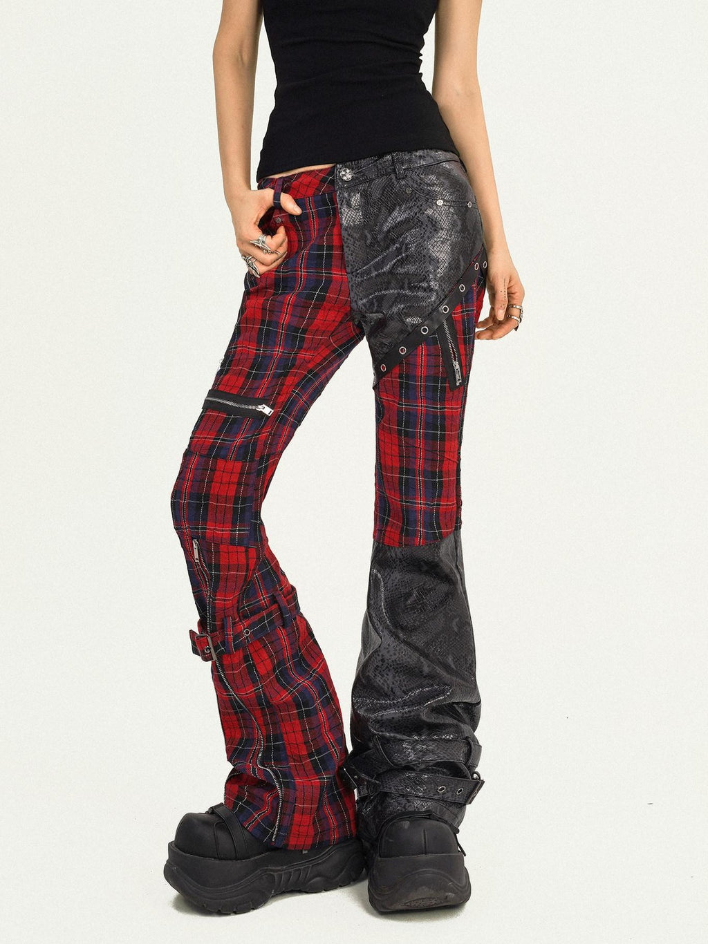Nico Molly Black Red Plaid Patchwork Low Waist Zipper Slim Women's Leather Pants