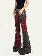 Nico Molly Black Red Plaid Patchwork Low Waist Zipper Slim Women's Leather Pants