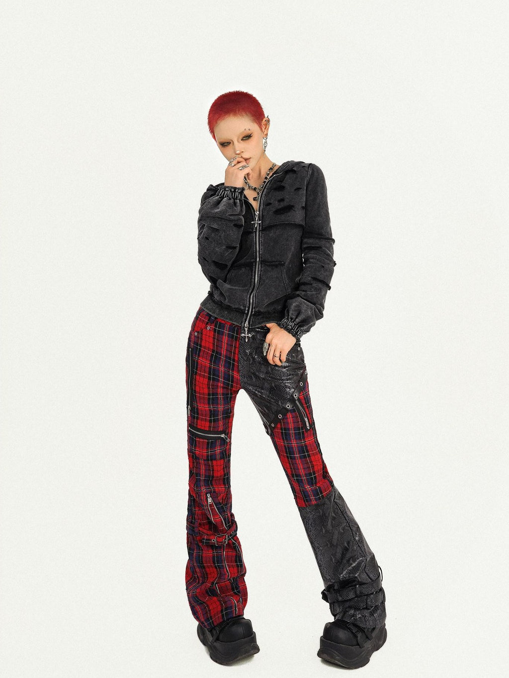 Nico Molly Black Red Plaid Patchwork Low Waist Zipper Slim Women's Leather Pants