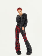 Nico Molly Black Red Plaid Patchwork Low Waist Zipper Slim Women's Leather Pants