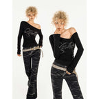Nico_Molly_Black_Rhinestone_Print_One_Shoulder_Women's_Long_Sleeve_T-shirts_829976746125_MISSTT