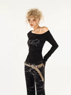 Nico Molly Black Rhinestone Print One Shoulder Women's Long Sleeve T-shirts
