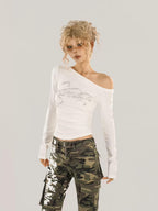 Nico Molly Black Rhinestone Print One Shoulder Women's Long Sleeve T-shirts