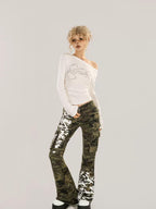 Nico Molly Black Rhinestone Print One Shoulder Women's Long Sleeve T-shirts