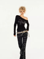 Nico Molly Black Rhinestone Print One Shoulder Women's Long Sleeve T-shirts