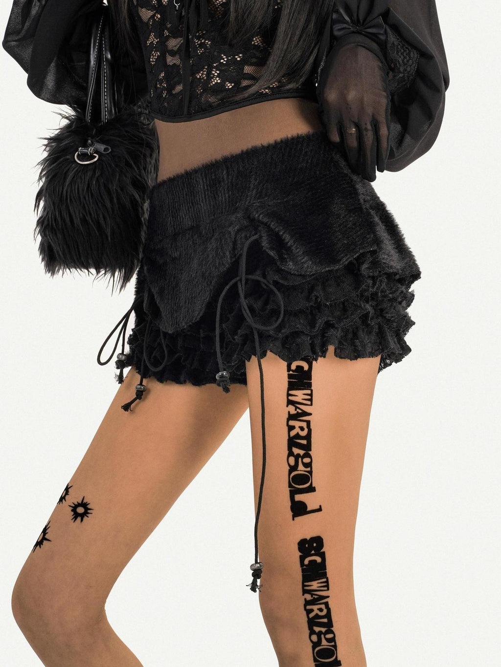 Nico Molly Black Ruffle Drawstring Tie Women's Plush Low Waist Short Trousers