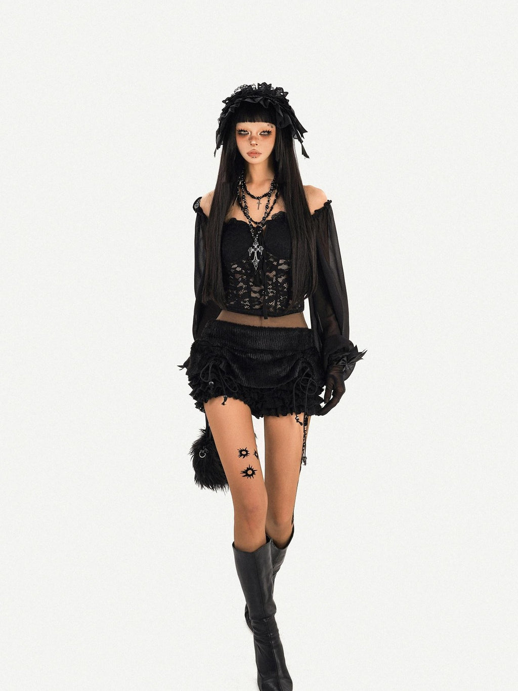 Nico Molly Black Ruffle Drawstring Tie Women's Plush Low Waist Short Trousers