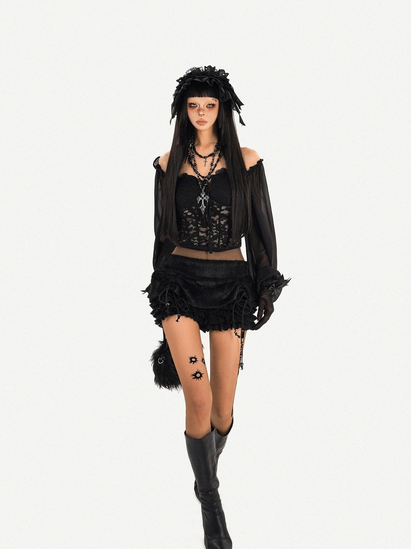 Nico Molly Black Ruffle Drawstring Tie Women's Plush Low Waist Short Trousers