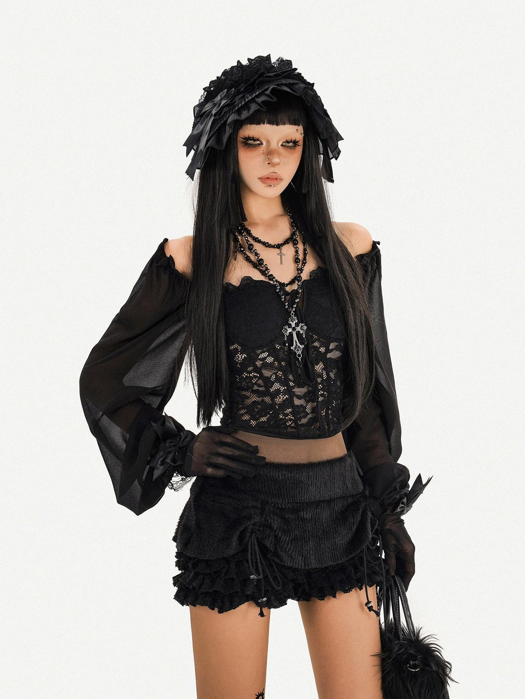 Nico Molly Black Ruffle Drawstring Tie Women's Plush Low Waist Short Trousers
