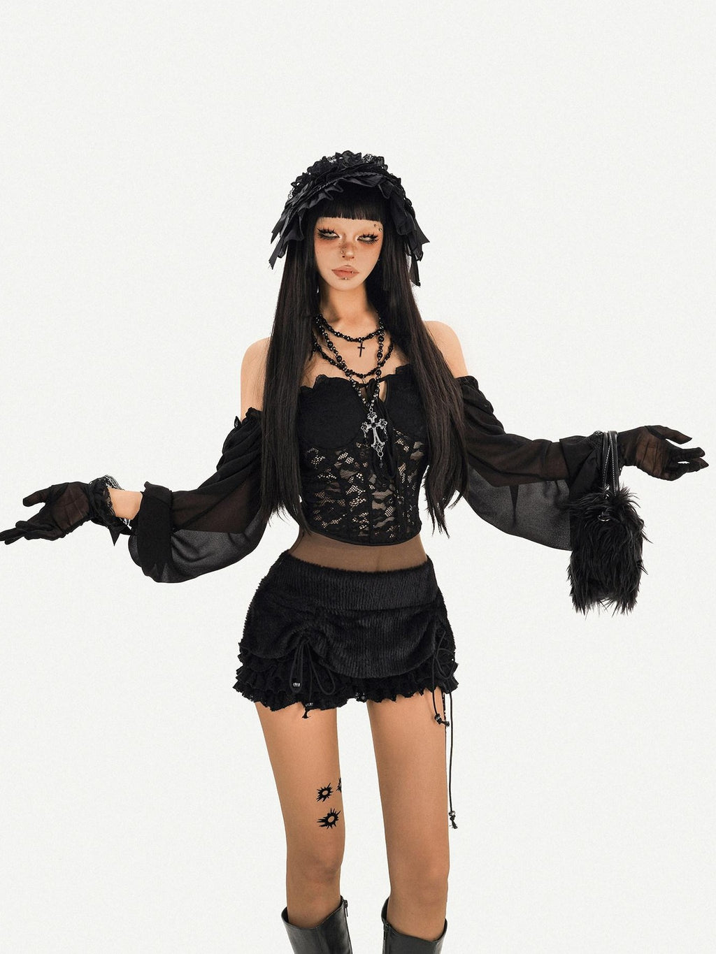 Nico Molly Black Ruffle Drawstring Tie Women's Plush Low Waist Short Trousers