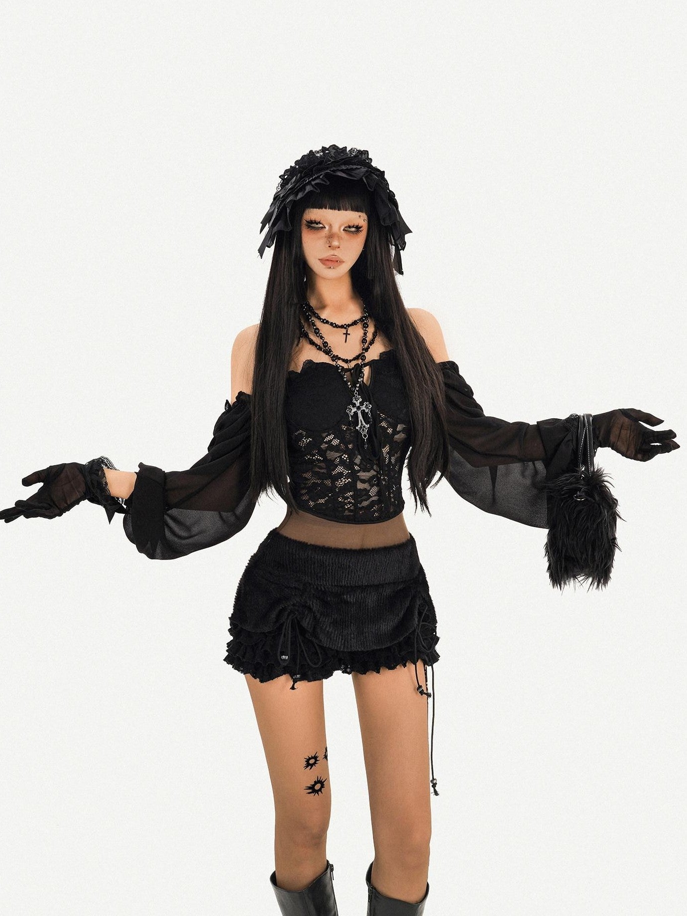 Nico Molly Black Ruffle Drawstring Tie Women's Plush Low Waist Short Trousers
