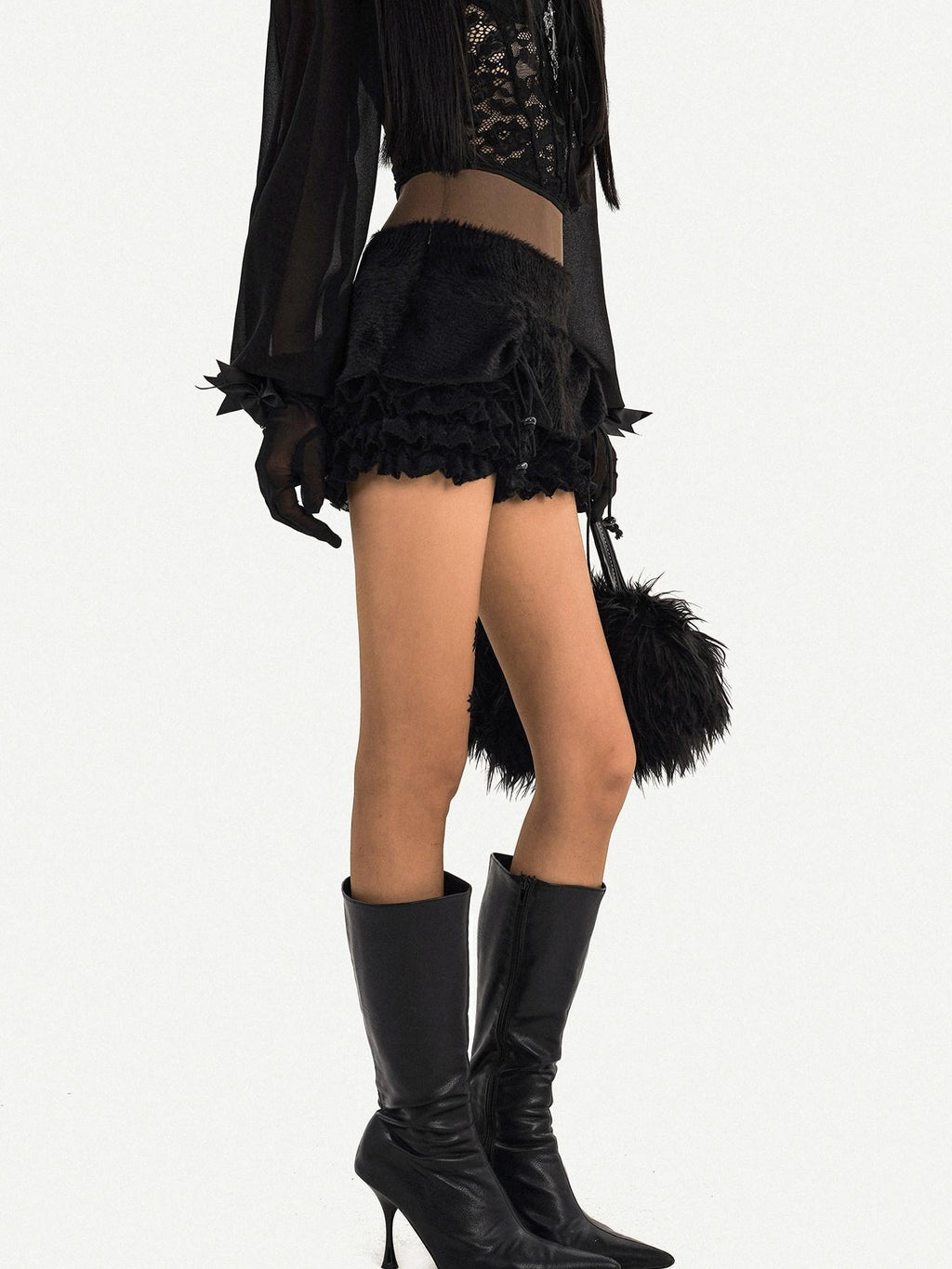 Nico Molly Black Ruffle Drawstring Tie Women's Plush Low Waist Short Trousers