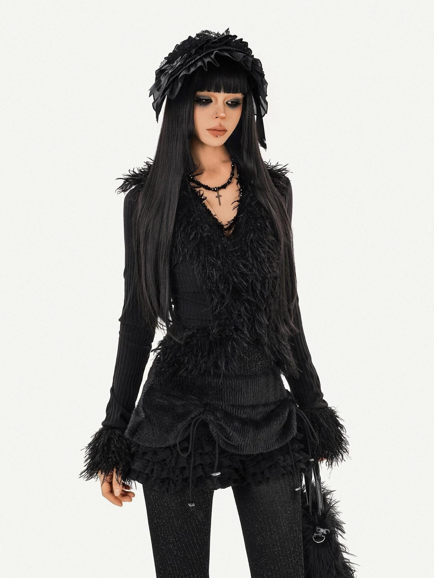 Nico Molly Black Ruffle Drawstring Tie Women's Plush Low Waist Short Trousers
