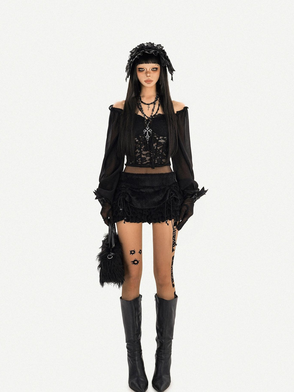 Nico Molly Black Ruffle Drawstring Tie Women's Plush Low Waist Short Trousers