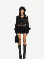 Nico Molly Black Ruffle Drawstring Tie Women's Plush Low Waist Short Trousers