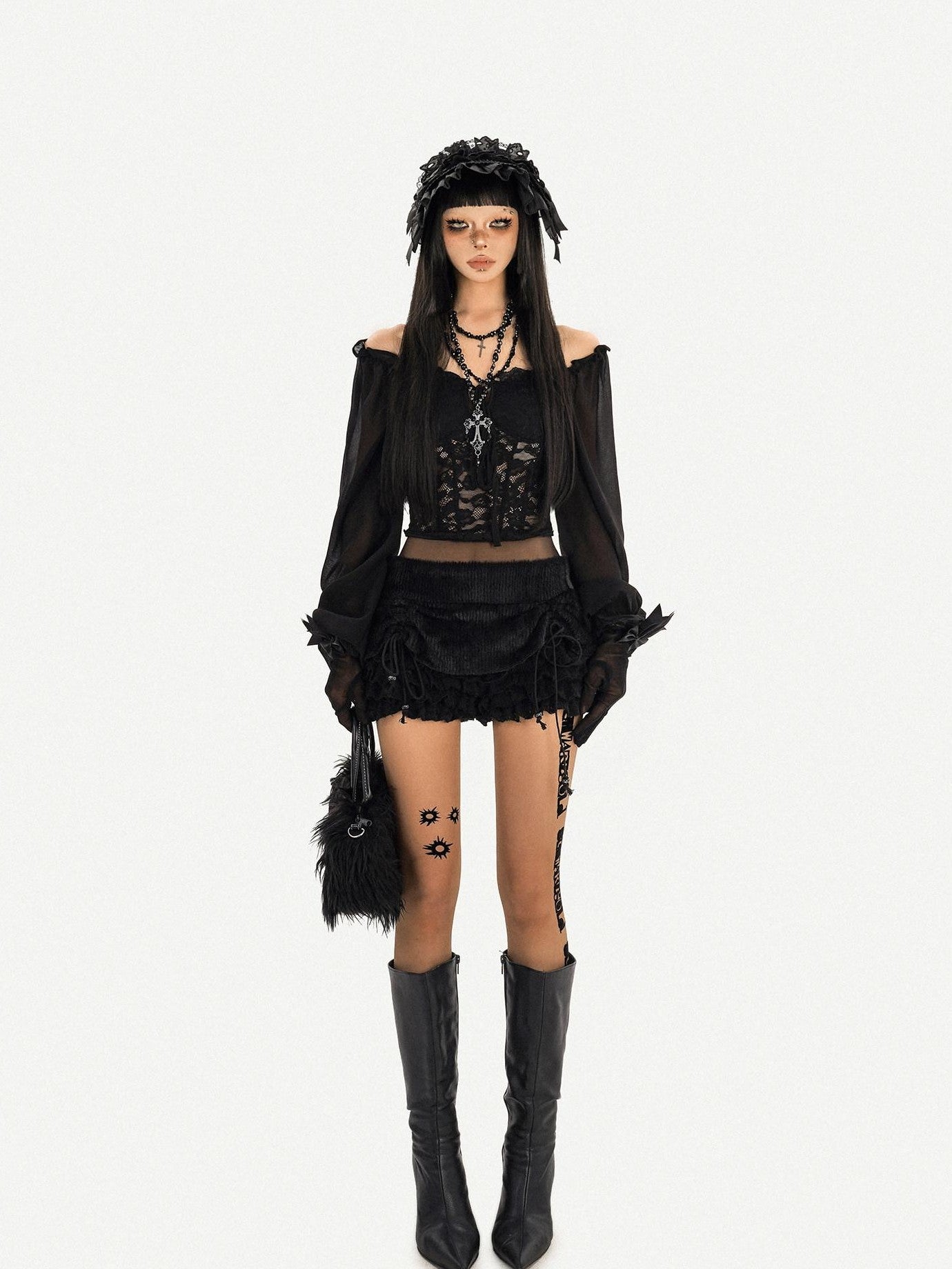 Nico Molly Black Ruffle Drawstring Tie Women's Plush Low Waist Short Trousers