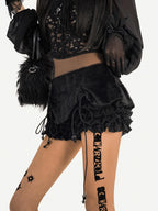 Nico Molly Black Ruffle Drawstring Tie Women's Plush Low Waist Short Trousers