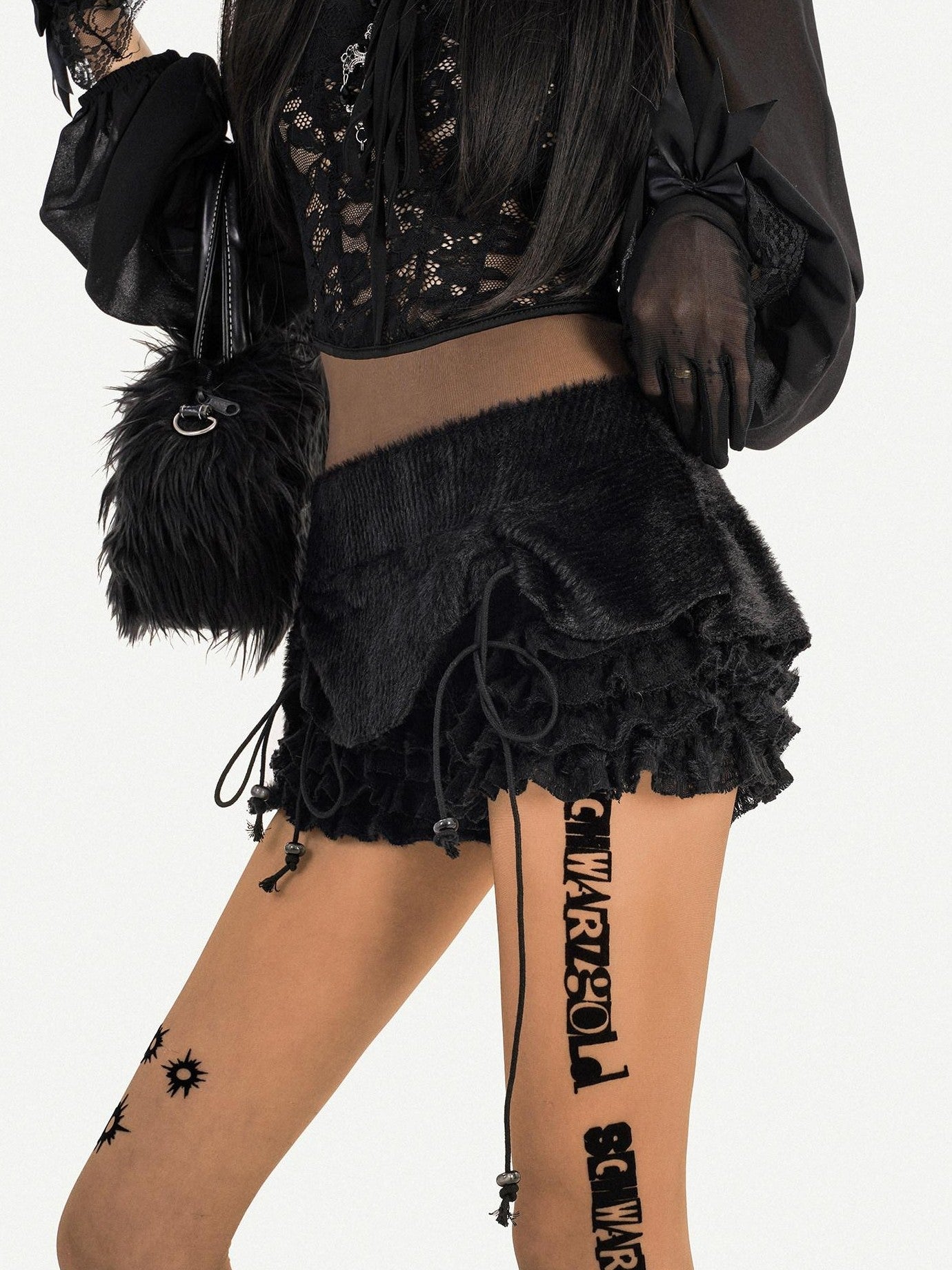 Nico Molly Black Ruffle Drawstring Tie Women's Plush Low Waist Short Trousers