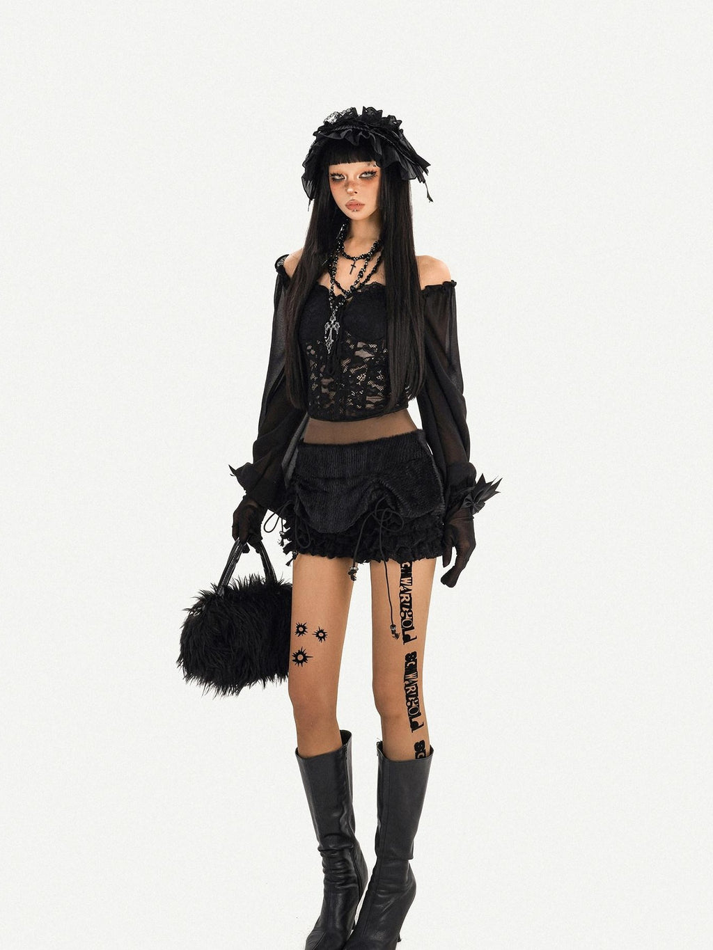 Nico Molly Black Ruffle Drawstring Tie Women's Plush Low Waist Short Trousers