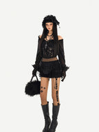 Nico Molly Black Ruffle Drawstring Tie Women's Plush Low Waist Short Trousers