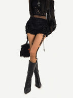 Nico Molly Black Ruffle Drawstring Tie Women's Plush Low Waist Short Trousers