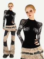 Nico Molly Black Skull Print Punk Fake Layered Slim Fit Women's Long Sleeve T-shirts