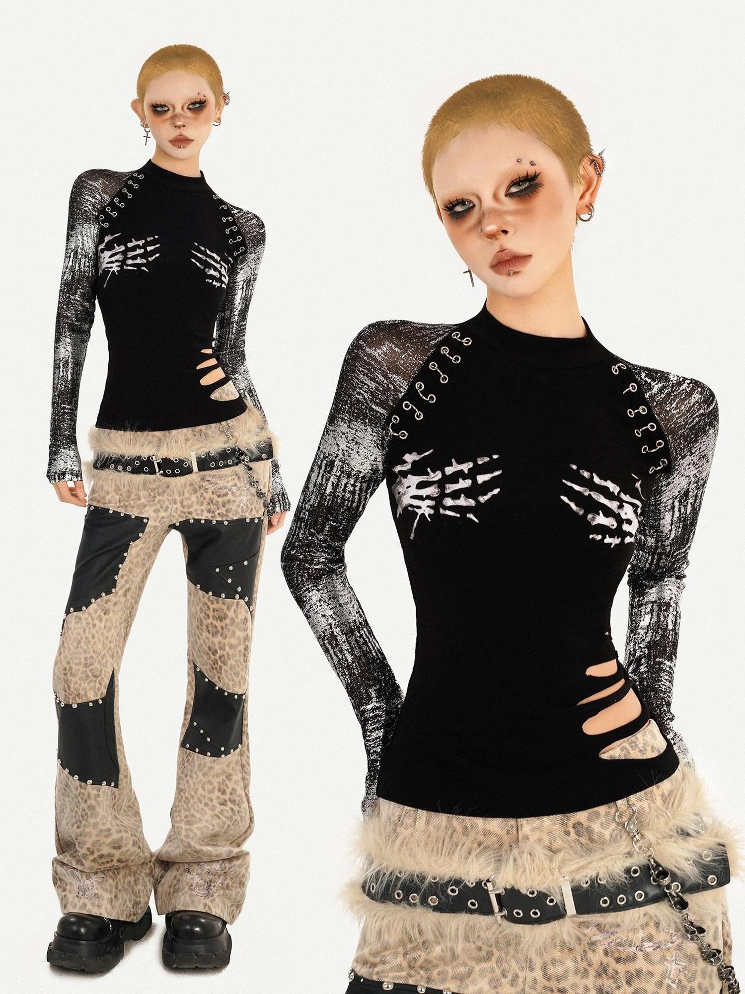 Nico Molly Black Skull Print Punk Fake Layered Slim Fit Women's Long Sleeve T-shirts