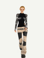Nico Molly Black Skull Print Punk Fake Layered Slim Fit Women's Long Sleeve T-shirts