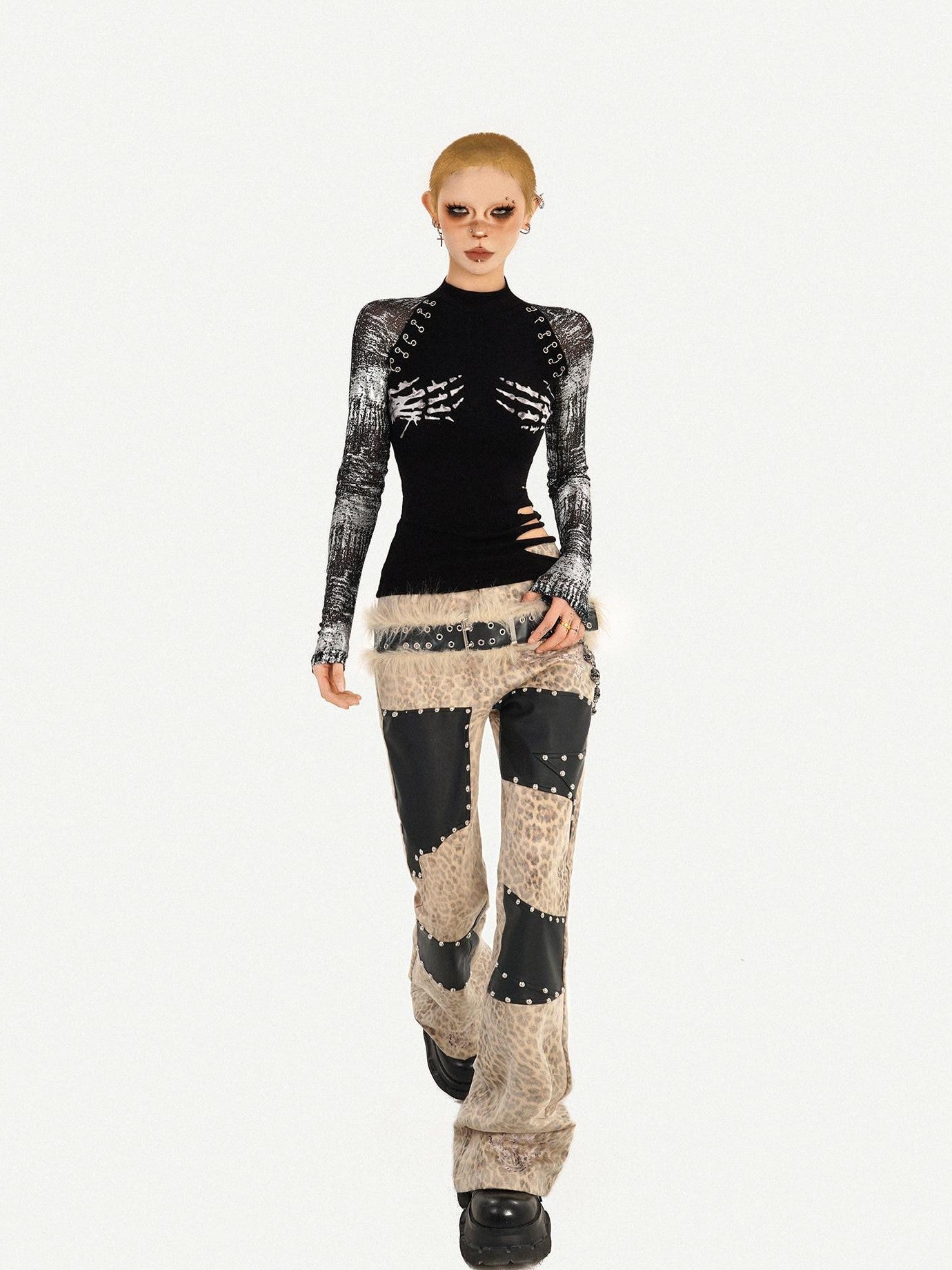 Nico Molly Black Skull Print Punk Fake Layered Slim Fit Women's Long Sleeve T-shirts