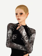 Nico Molly Black Skull Print Punk Fake Layered Slim Fit Women's Long Sleeve T-shirts