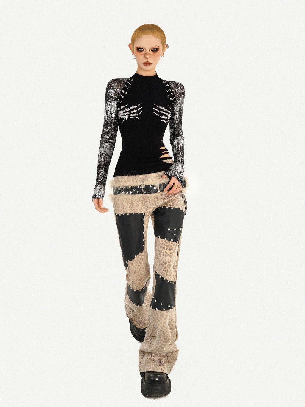 Nico Molly Black Skull Print Punk Fake Layered Slim Fit Women's Long Sleeve T-shirts