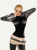Nico Molly Black Skull Print Punk Fake Layered Slim Fit Women's Long Sleeve T-shirts