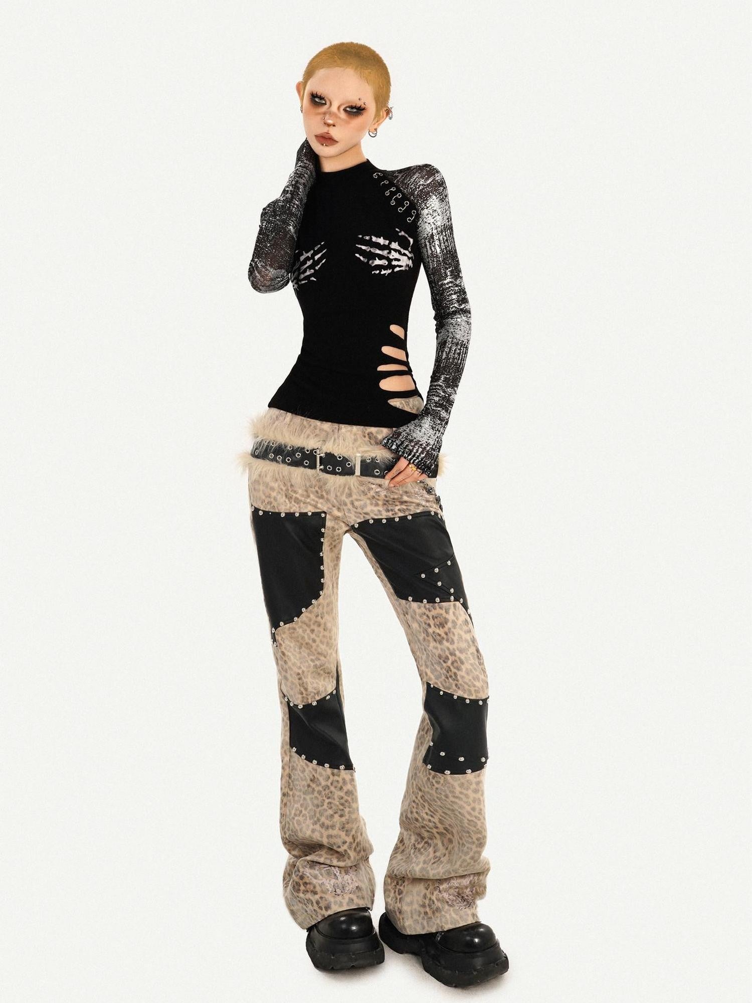 Nico Molly Black Skull Print Punk Fake Layered Slim Fit Women's Long Sleeve T-shirts