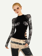 Nico Molly Black Skull Print Punk Fake Layered Slim Fit Women's Long Sleeve T-shirts