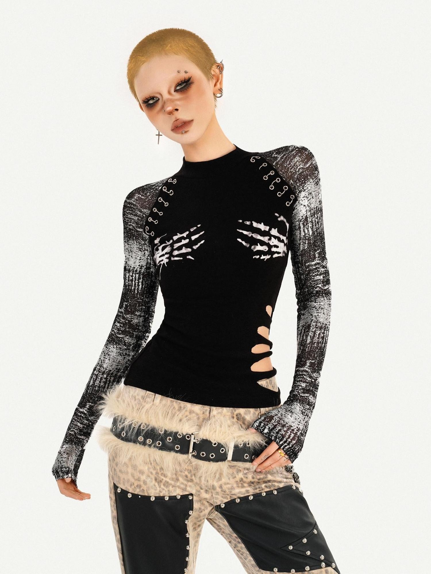 Nico Molly Black Skull Print Punk Fake Layered Slim Fit Women's Long Sleeve T-shirts
