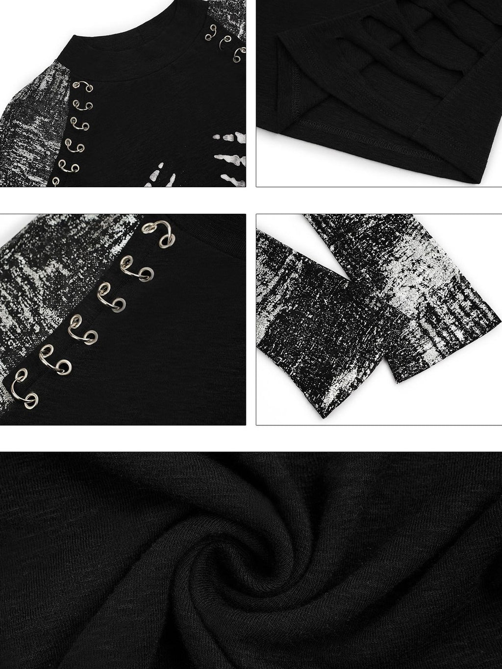 Nico Molly Black Skull Print Punk Fake Layered Slim Fit Women's Long Sleeve T-shirts