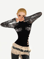 Nico Molly Black Skull Print Punk Fake Layered Slim Fit Women's Long Sleeve T-shirts