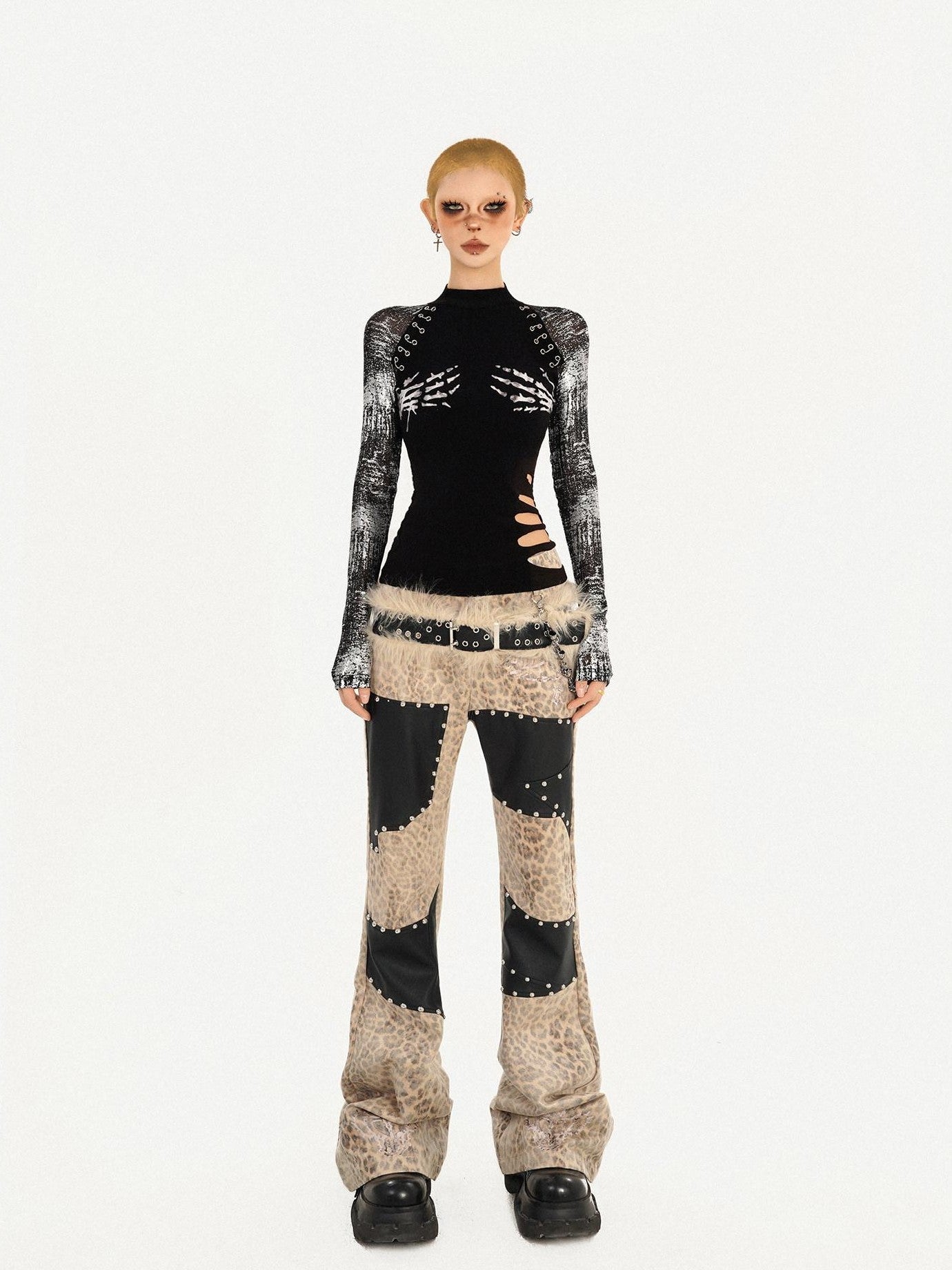 Nico Molly Black Skull Print Punk Fake Layered Slim Fit Women's Long Sleeve T-shirts