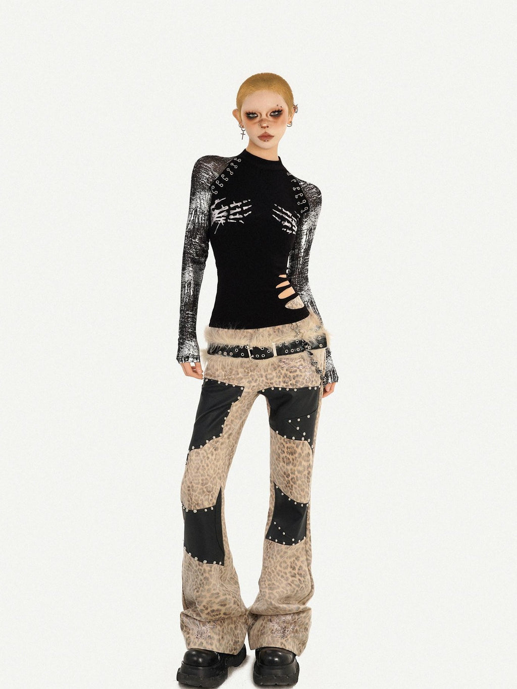 Nico Molly Black Skull Print Punk Fake Layered Slim Fit Women's Long Sleeve T-shirts