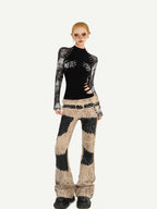 Nico Molly Black Skull Print Punk Fake Layered Slim Fit Women's Long Sleeve T-shirts