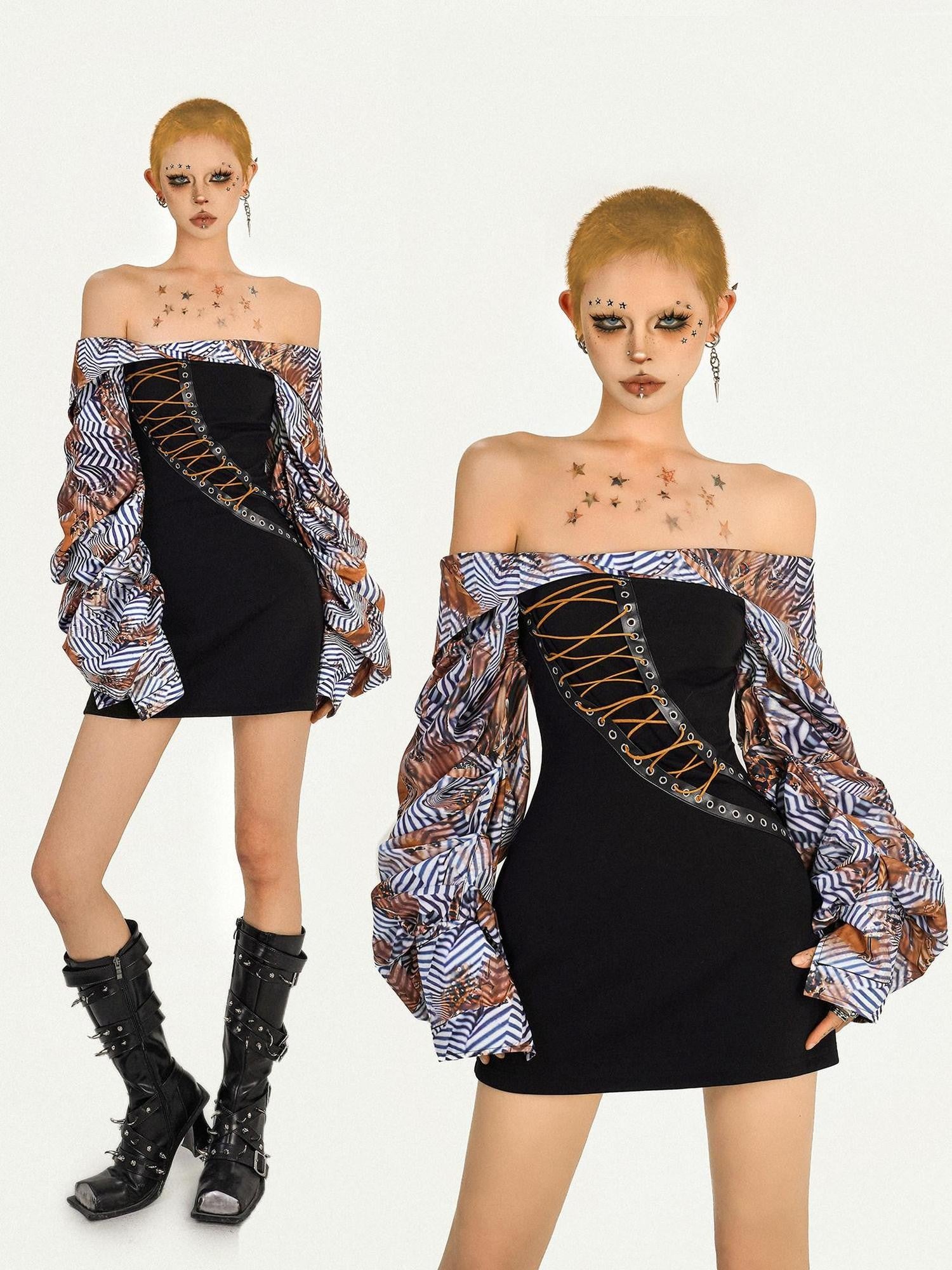 Nico Molly Black Spliced Lace Up Off Shoulder Women's Strapless Mini Dresses