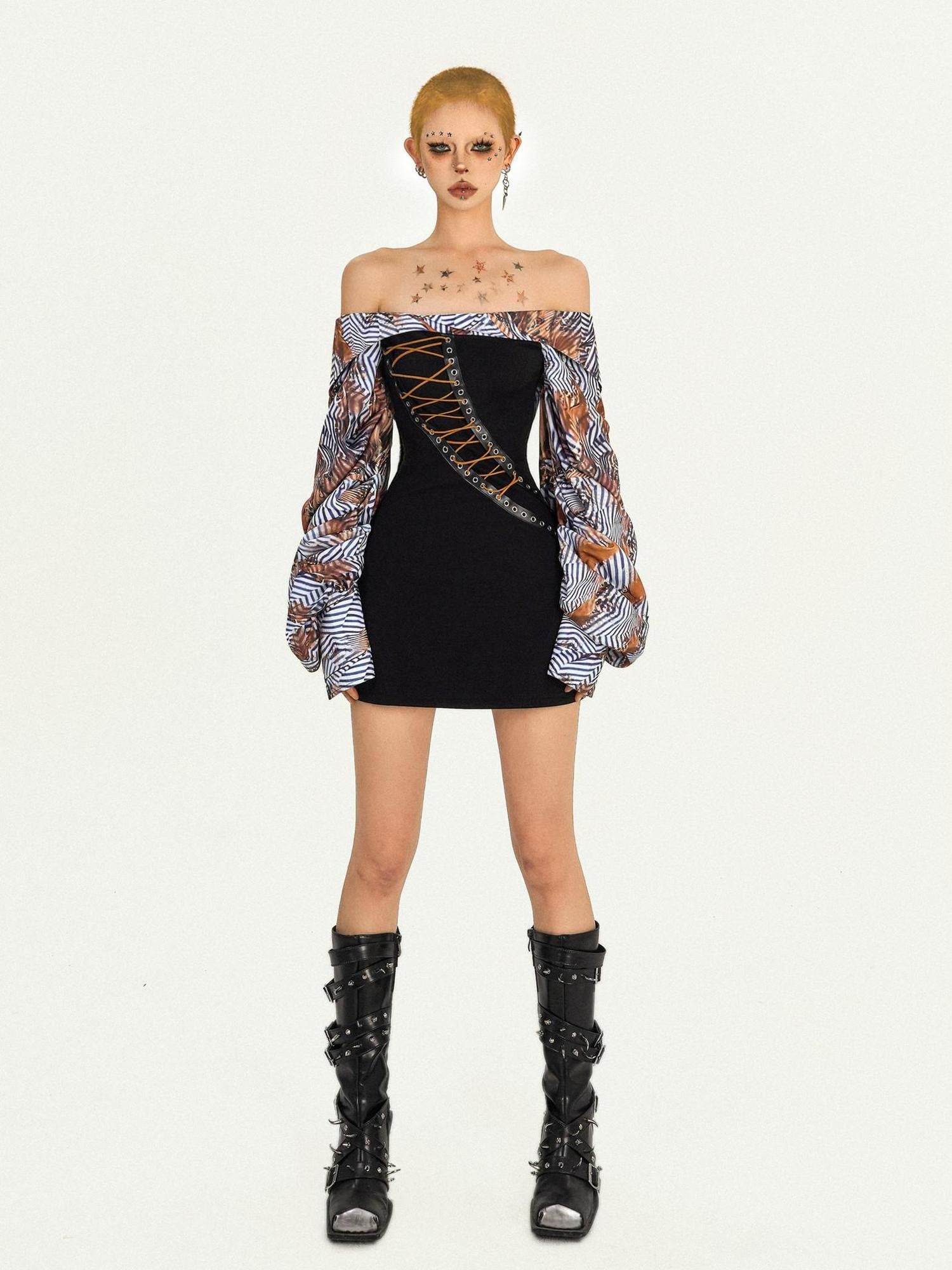 Nico Molly Black Spliced Lace Up Off Shoulder Women's Strapless Mini Dresses