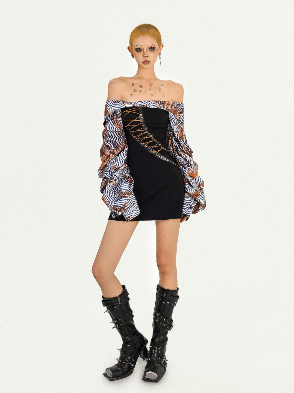 Nico Molly Black Spliced Lace Up Off Shoulder Women's Strapless Mini Dresses